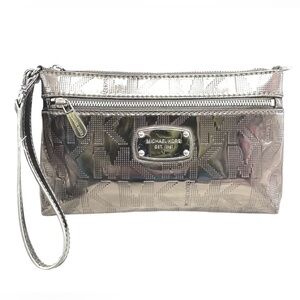 🌟Michael Kors Metallic Silver Large Wristlet-bag-cocktail-elegant-monogram🌟